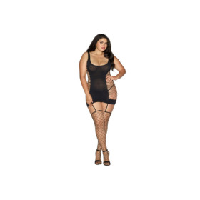 Bodystocking noir ajouré grande taille style guêpière avec bas filet 